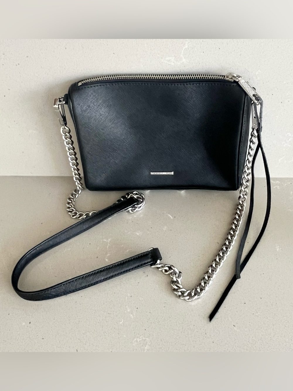 Rebecca Minkoff Avery Black Saffiano Leather Crossbody Bag Silver Hardware Chain